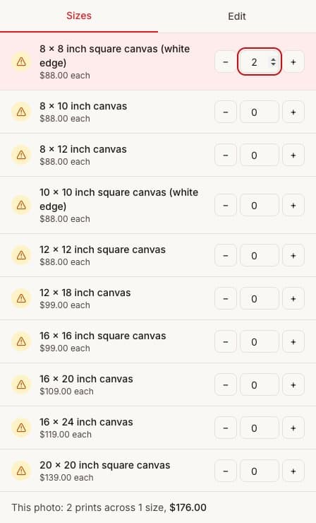 Actual size list with minus, quantity and plus controls