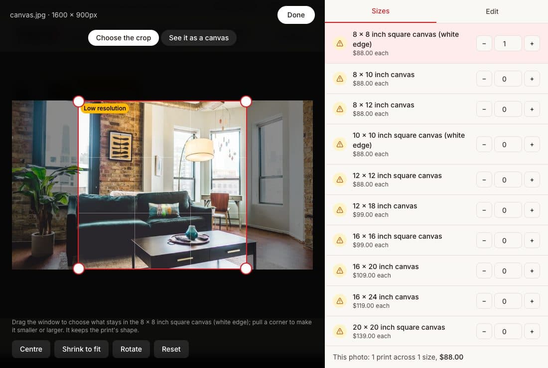 Actual editor: choose a size and adjust the crop on your photo