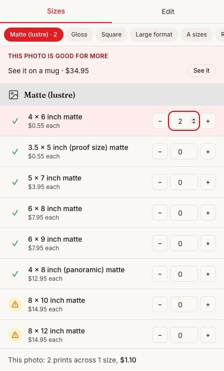 Actual size list with minus, quantity and plus controls