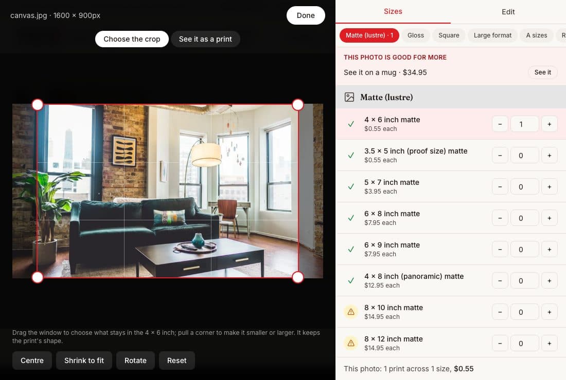 Actual editor: choose a size and adjust the crop on your photo