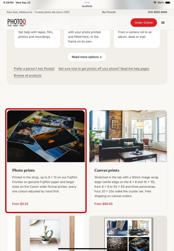 The order page on an iPad, with the Photo prints card ringed