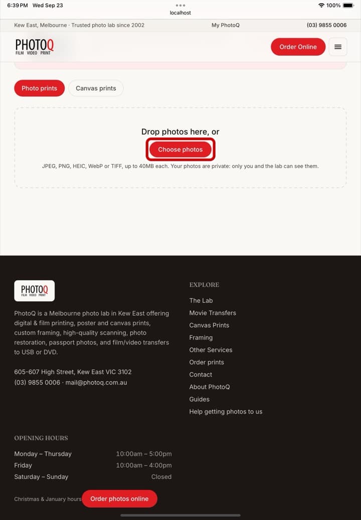 The ordering page on an iPad, with the Choose photos button ringed