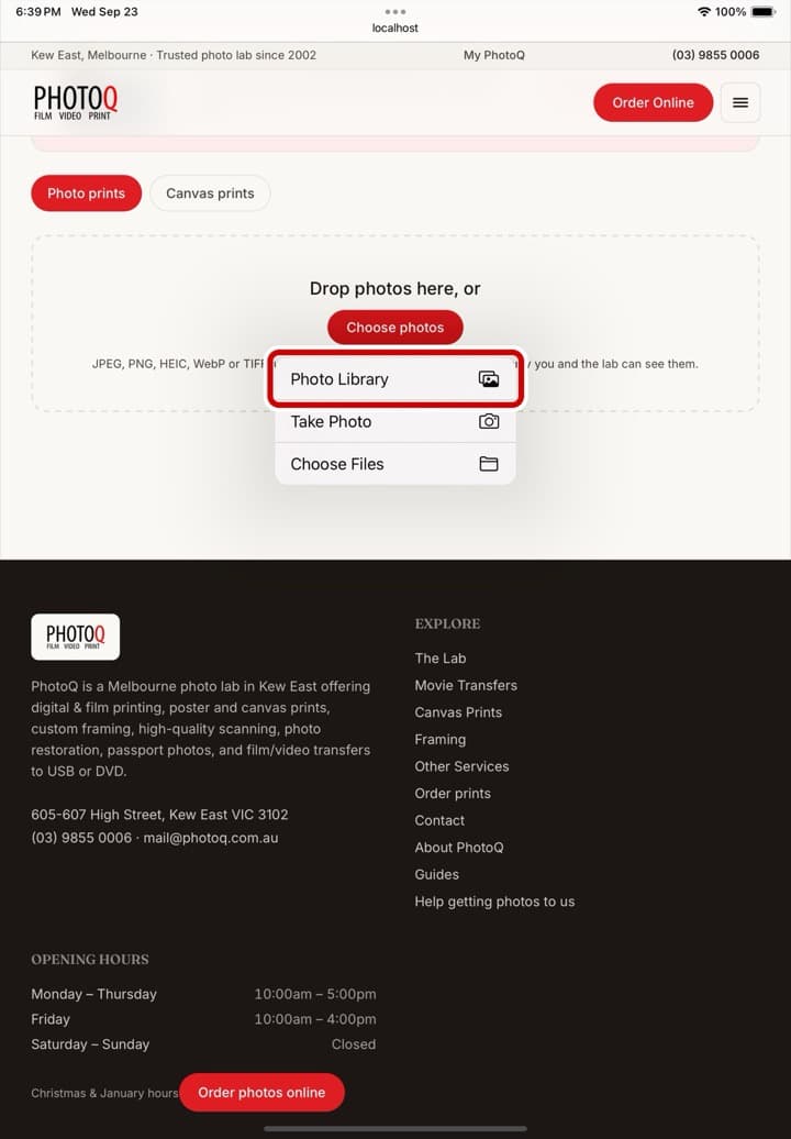 The small menu on an iPad, with Photo Library ringed