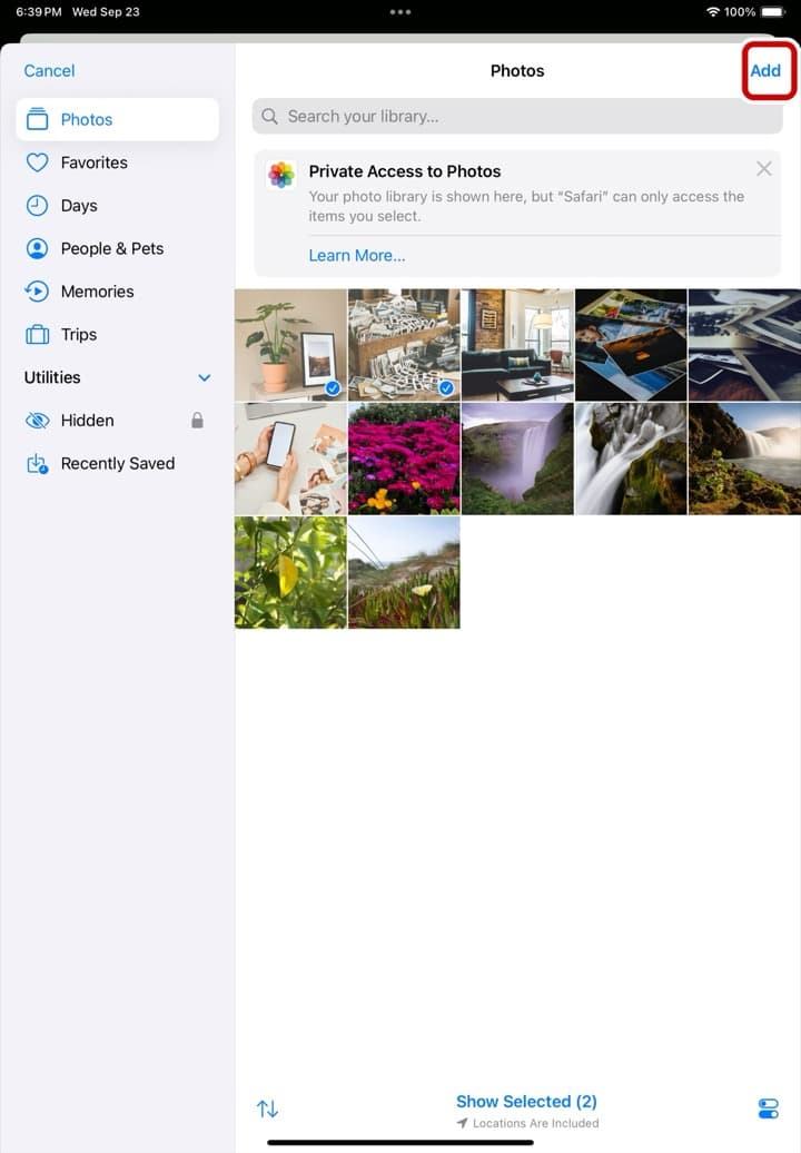 Two photos ticked on an iPad, with the Add button ringed