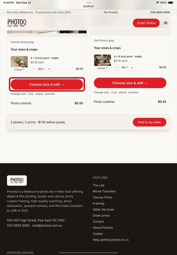 A photo on the ordering page on an iPad, with the Choose size & edit button ringed
