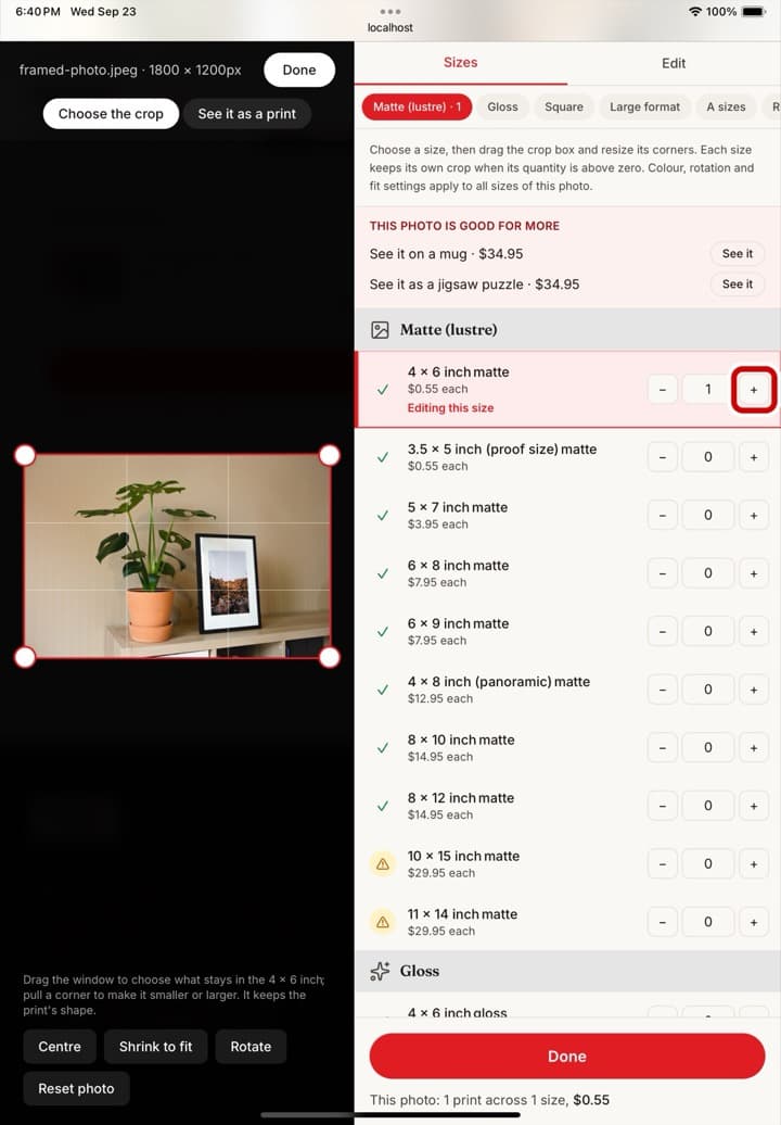 The size list on an iPad, with the plus button next to the first size ringed