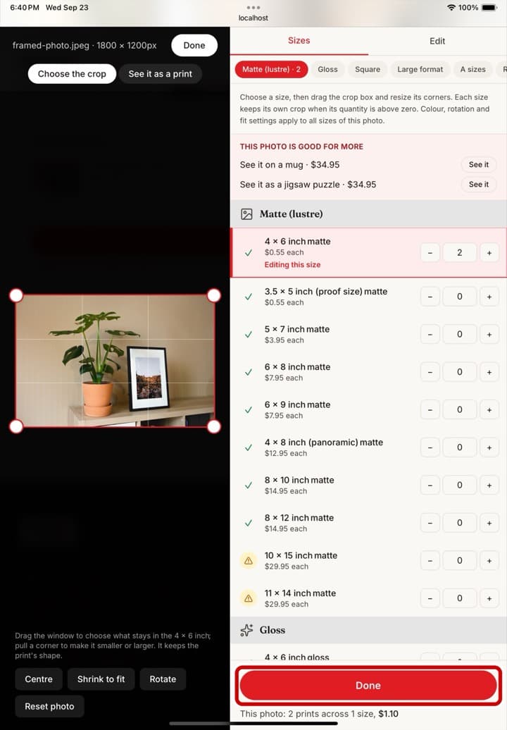 The size list on an iPad, with the Done button ringed
