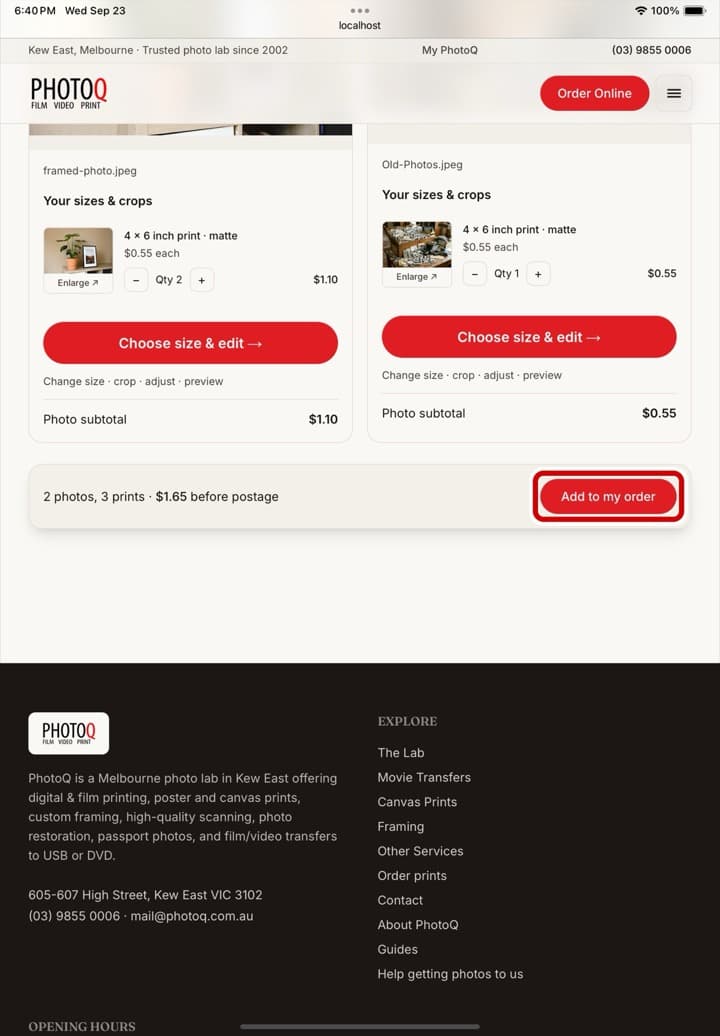 The ordering page on an iPad, with the Add to cart button ringed