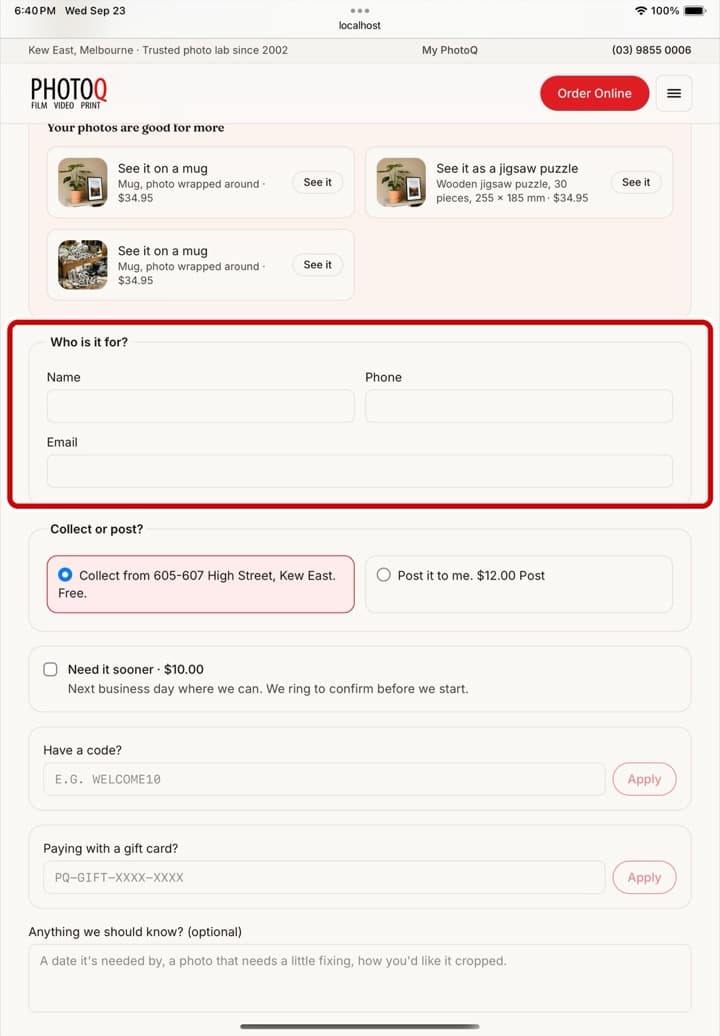 The order page on an iPad, with the Customer Details boxes ringed