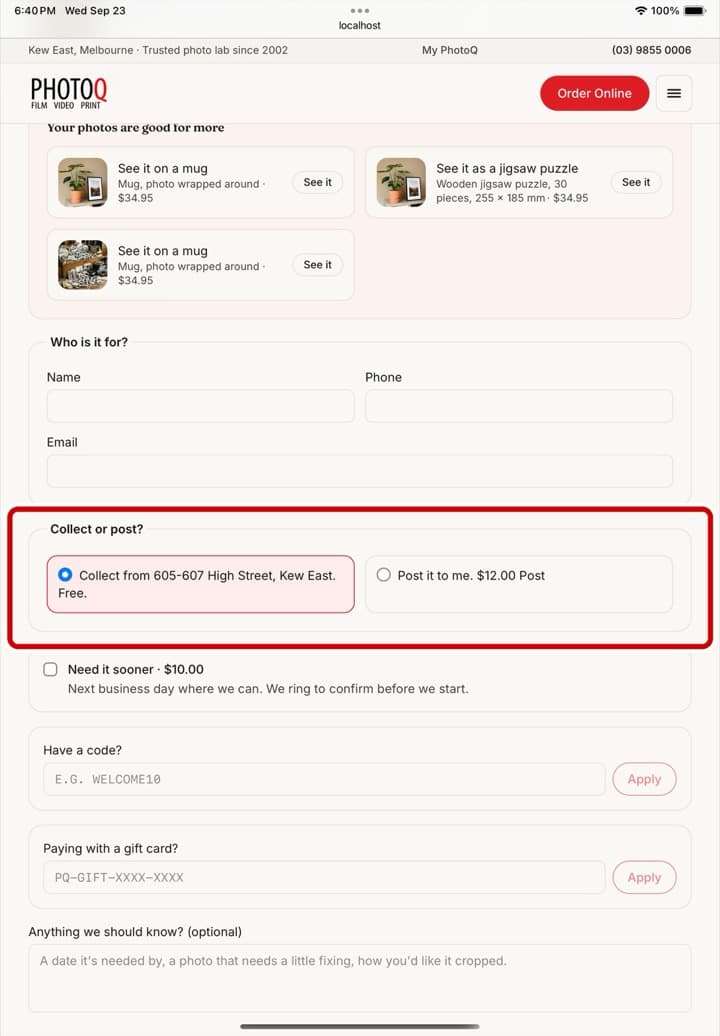The order page on an iPad, with the Collect or post choice ringed