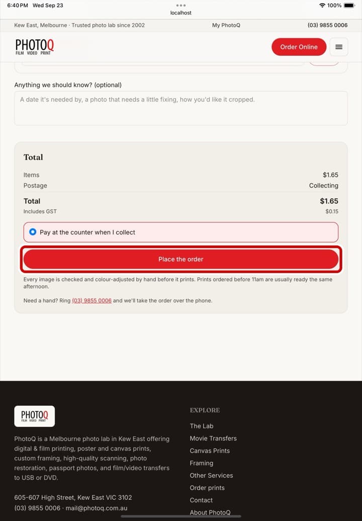 The order page on an iPad, with the Place the order button ringed