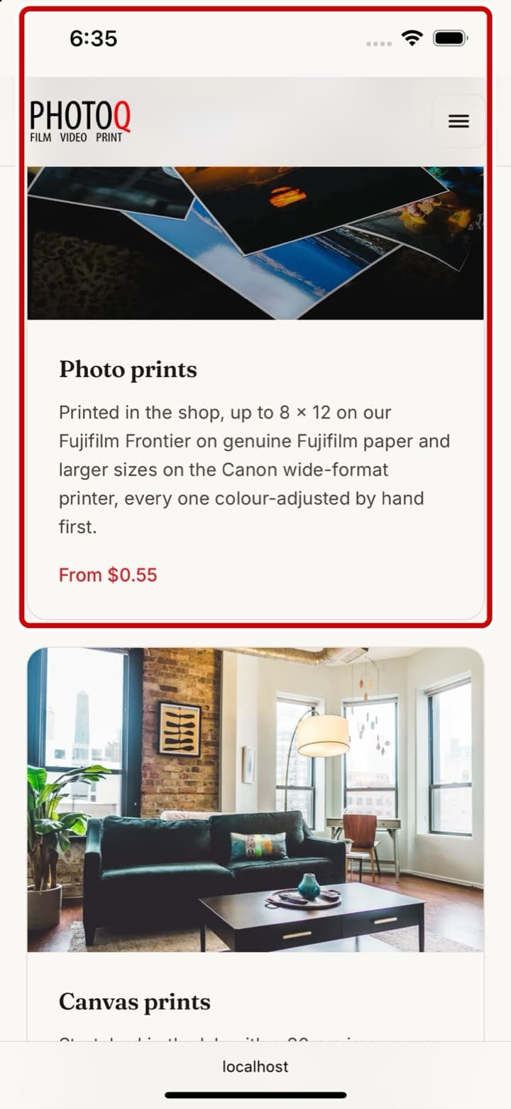 The order page on an iPhone, with the Photo prints card ringed