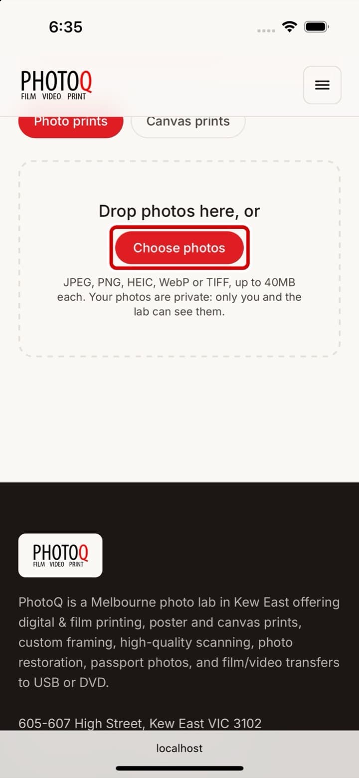 The ordering page on an iPhone, with the Choose photos button ringed