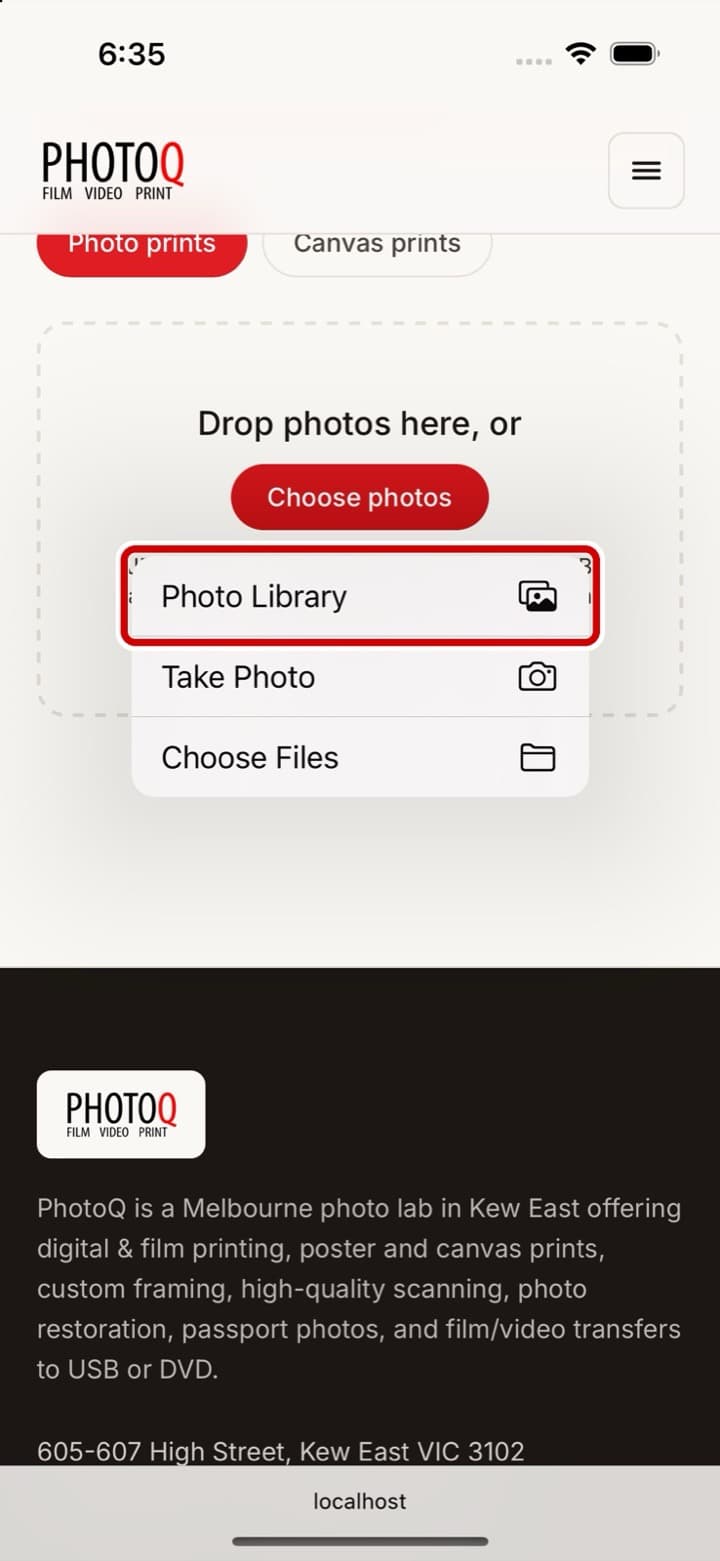 The small menu on an iPhone, with Photo Library ringed