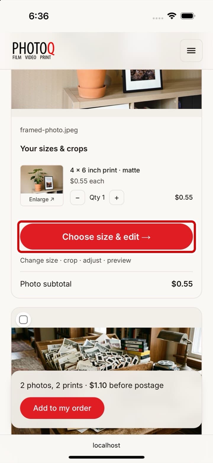 A photo on the ordering page on an iPhone, with the Choose size & edit button ringed