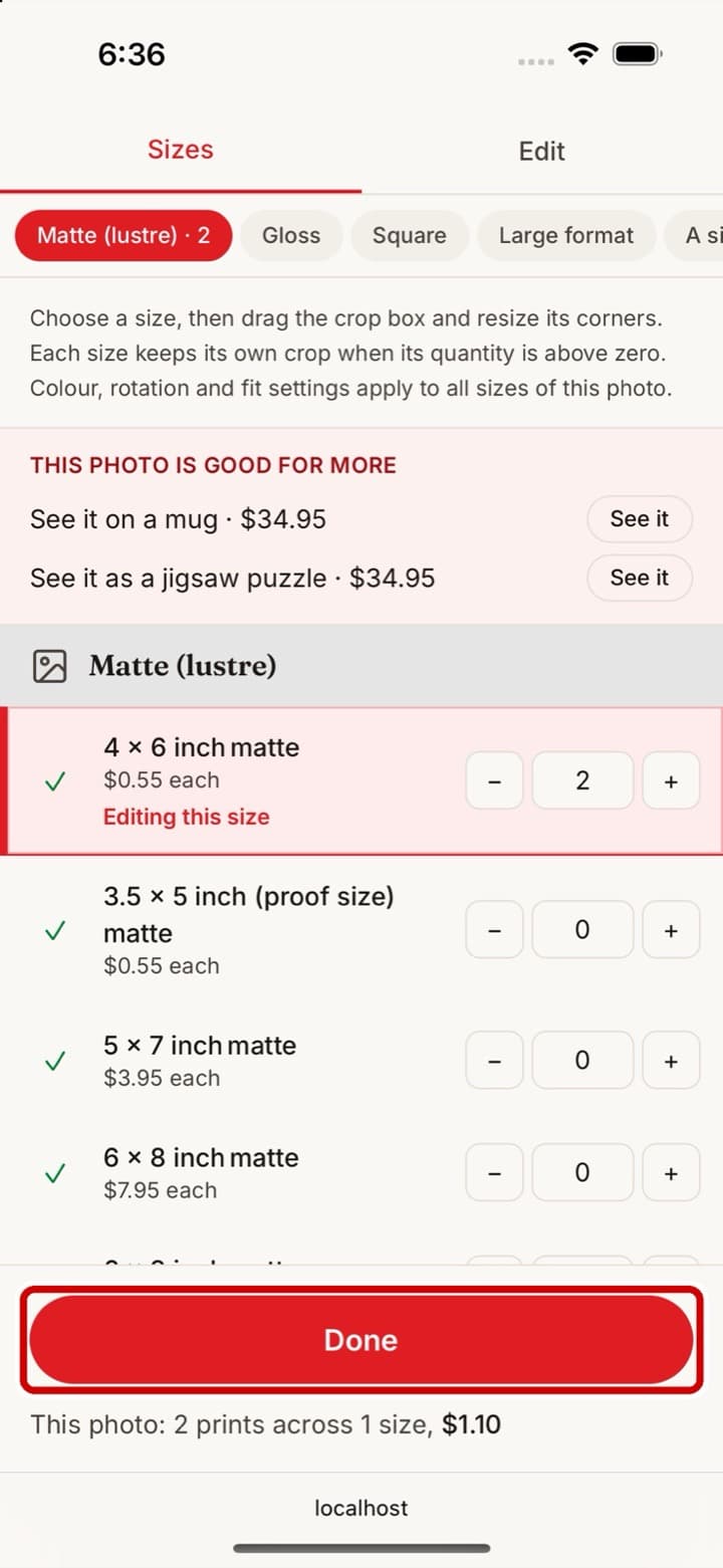 The size list on an iPhone, with the Done button ringed