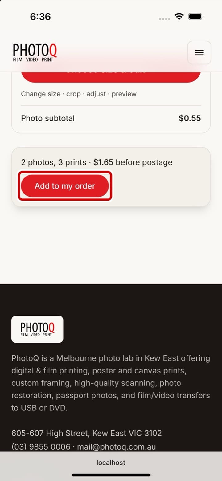 The ordering page on an iPhone, with the Add to cart button ringed