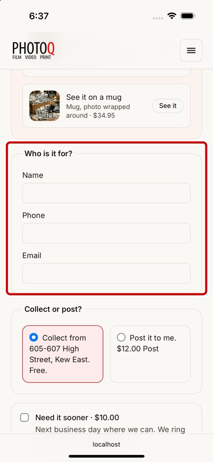The order page on an iPhone, with the Customer Details boxes ringed