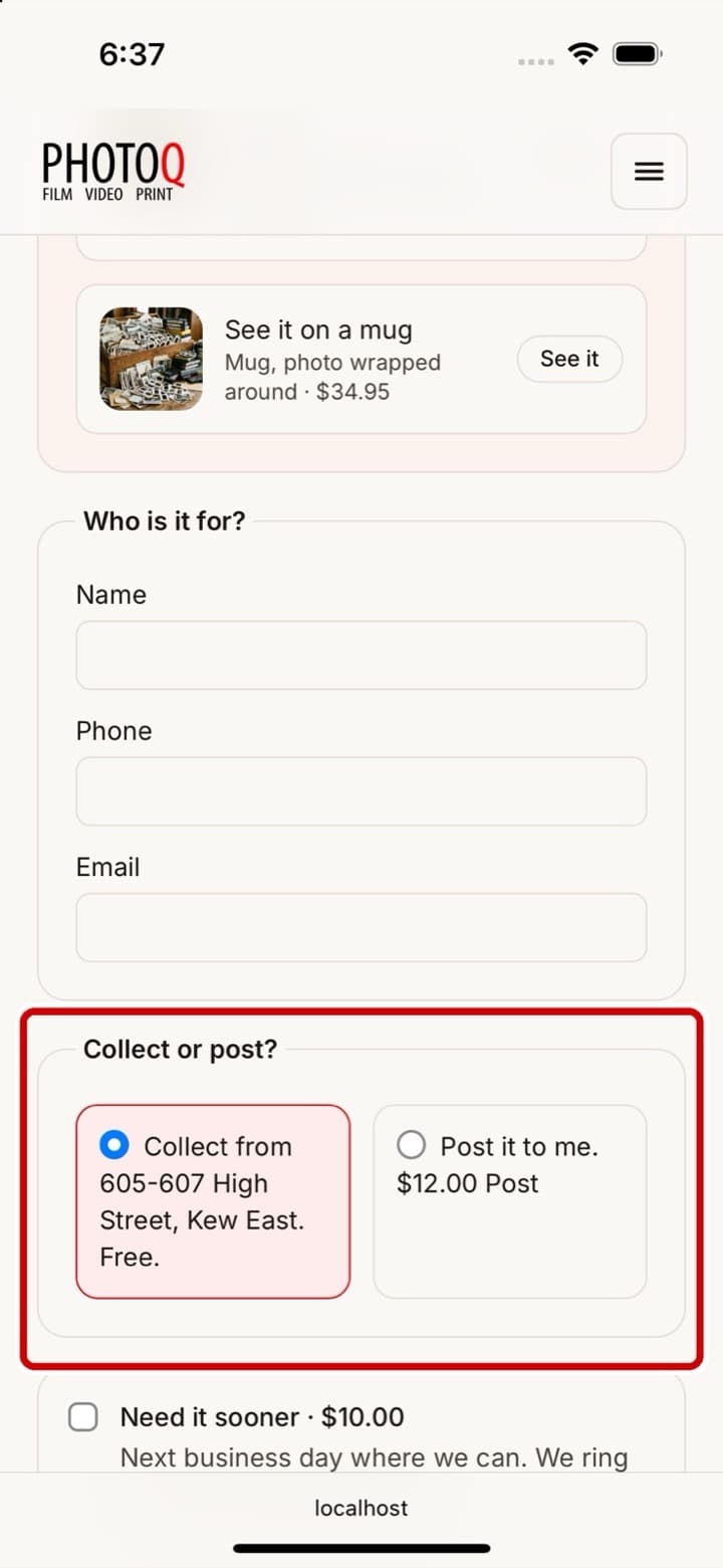 The order page on an iPhone, with the Collect or post choice ringed