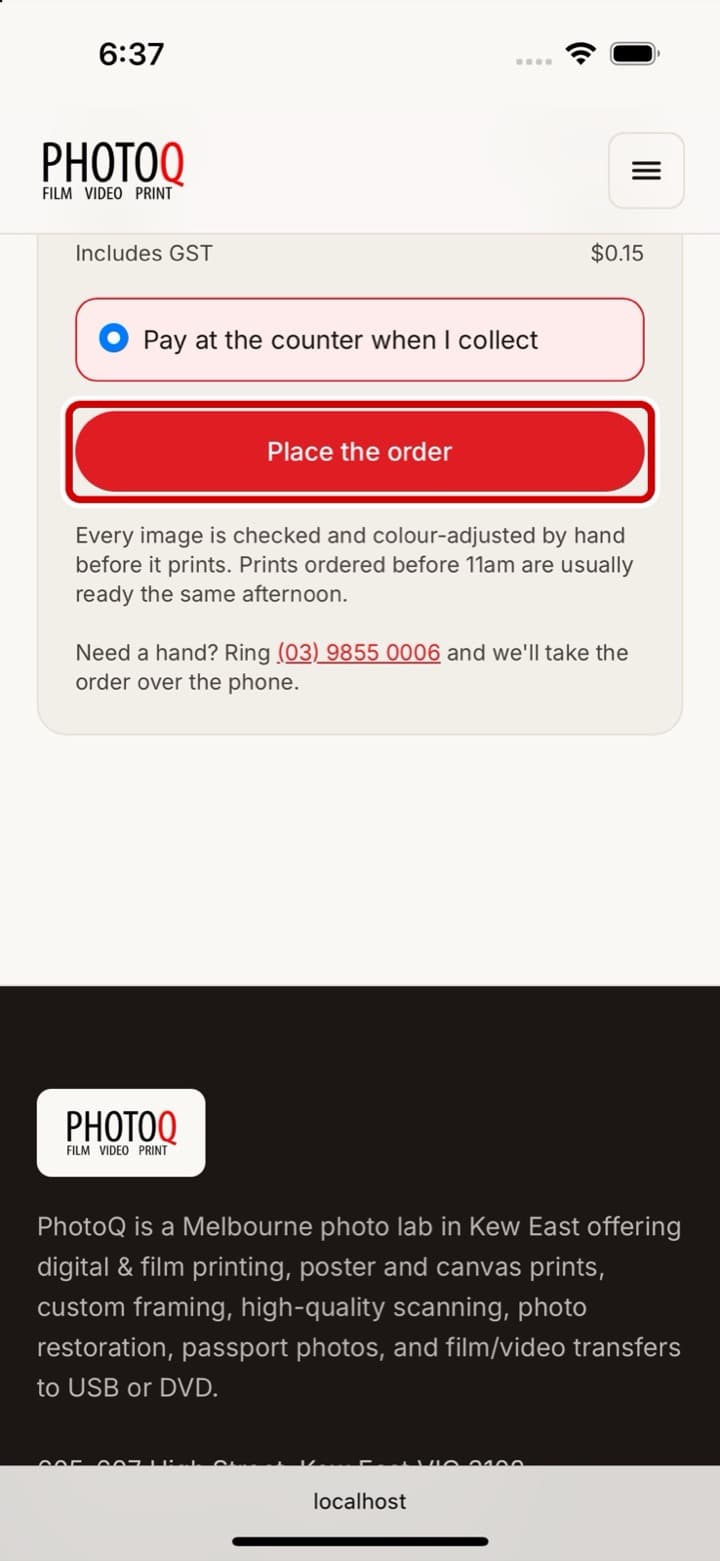 The order page on an iPhone, with the Place the order button ringed