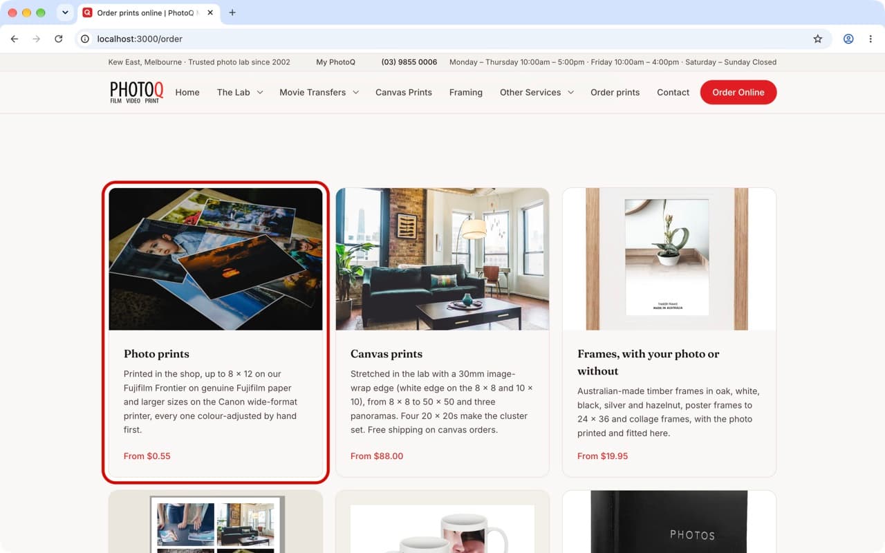 The order page in Chrome on a Mac, with the Photo prints card ringed