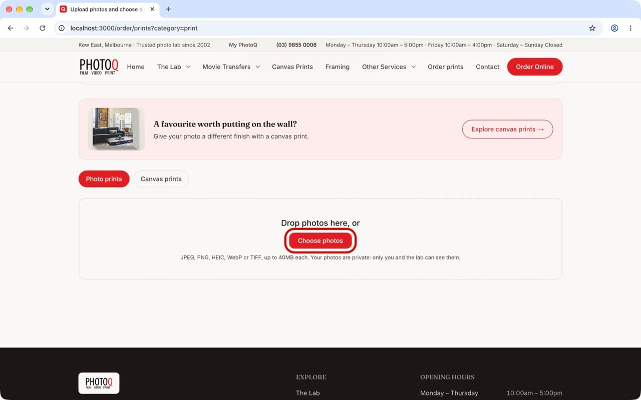 The ordering page on a Mac, with the Choose photos button ringed