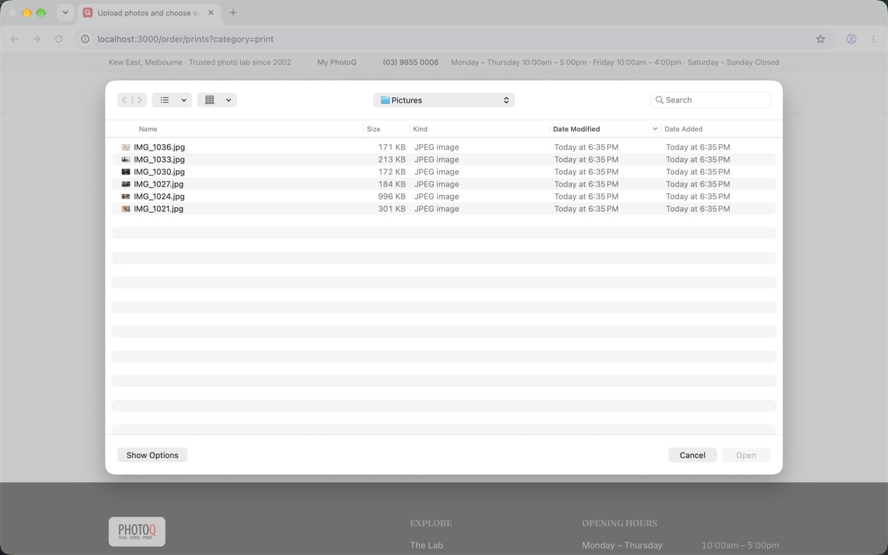 The Mac's Open window showing the Pictures folder with six photos listed
