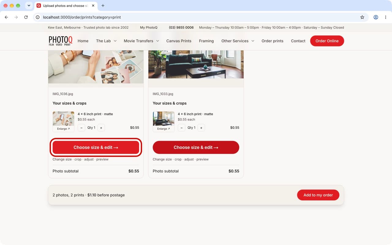 Two photo cards on the ordering page on a Mac, with the first Choose size & edit button ringed