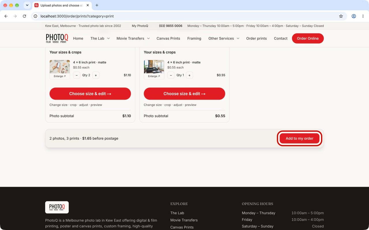 The ordering page on a Mac, with the Add to cart button ringed