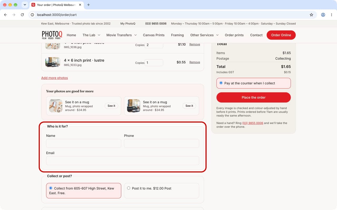 The order page on a Mac, with the Customer Details boxes ringed