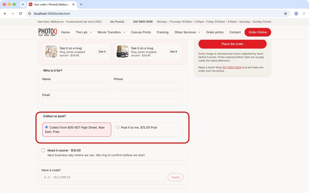 The order page on a Mac, with the Collect or post choice ringed