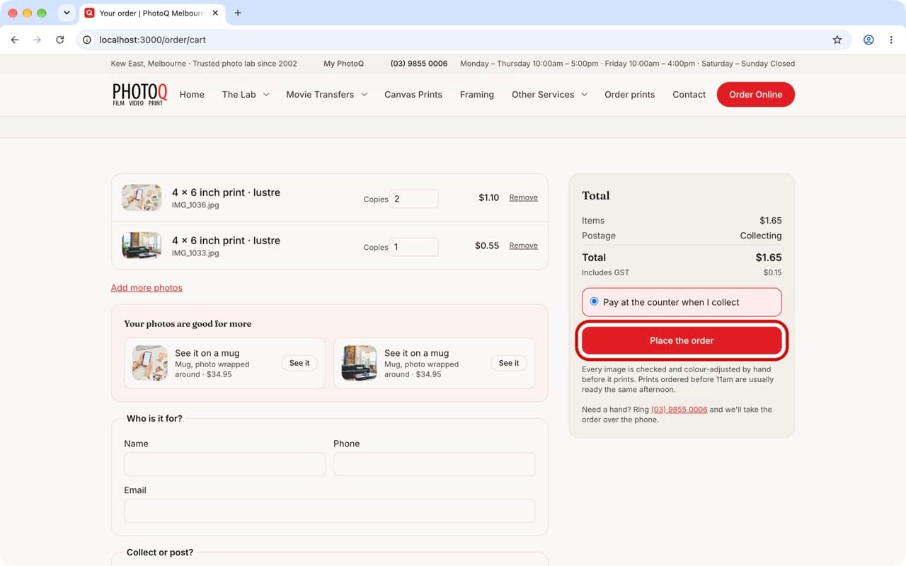 The order page on a Mac, with the Place the order button ringed