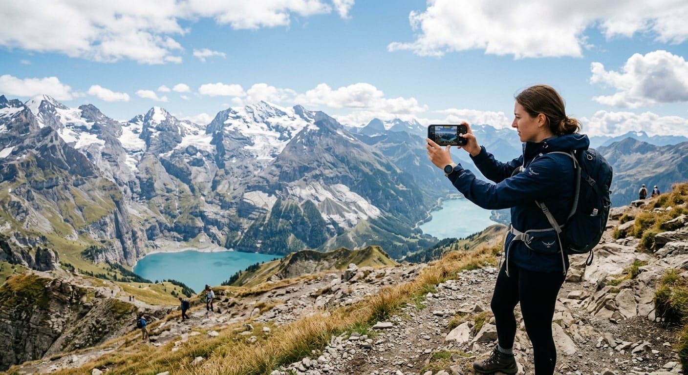 A phone held wide, taking a panorama of mountains over a lake